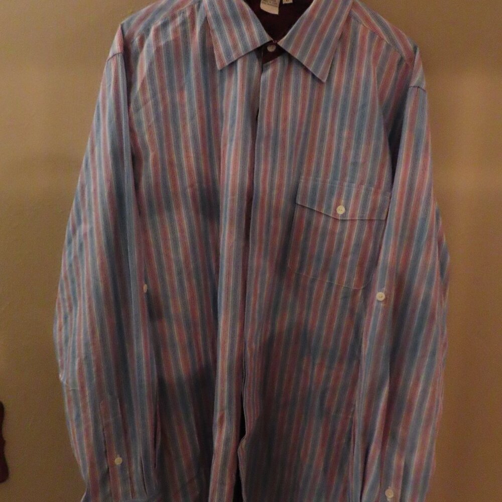 Ross Graison; Mens Long Sleeve Shirt; Red,Whi,Blu Striped; Size L; Buttons